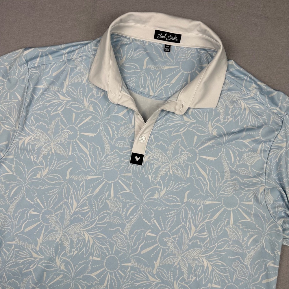 Bad Birdie Golf Polo Shirt Mens 2XL Light Blue White Tropical Floral Performance